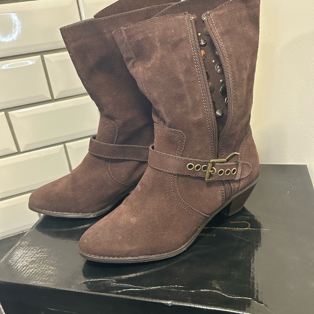 Dark Brown Suede Heeled Boots